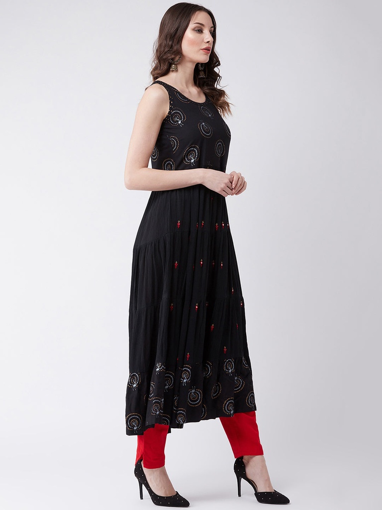 Printed and Embroidered Sleeveless Tiered Kurta
