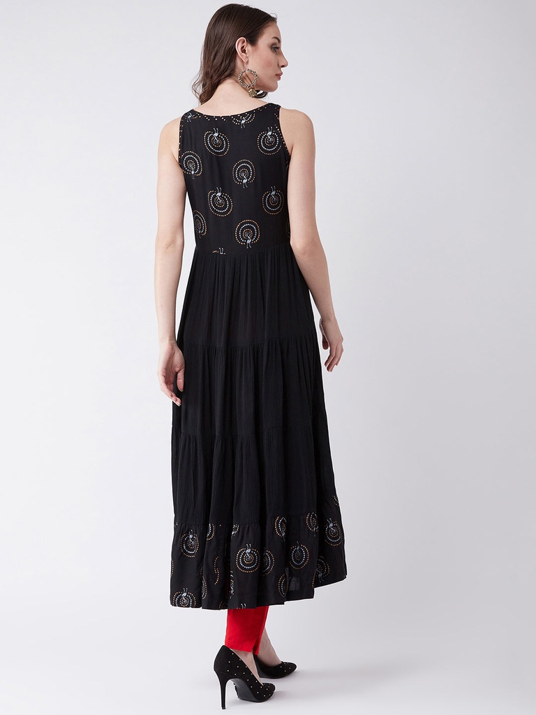 Printed and Embroidered Sleeveless Tiered Kurta