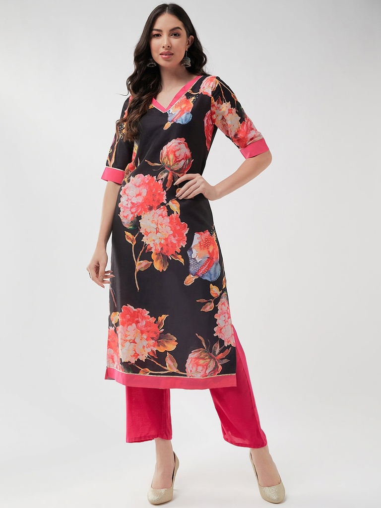 Wedding Floral Digital Print V-Neck Kurta