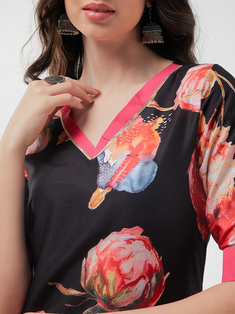 Wedding Floral Digital Print V-Neck Kurta