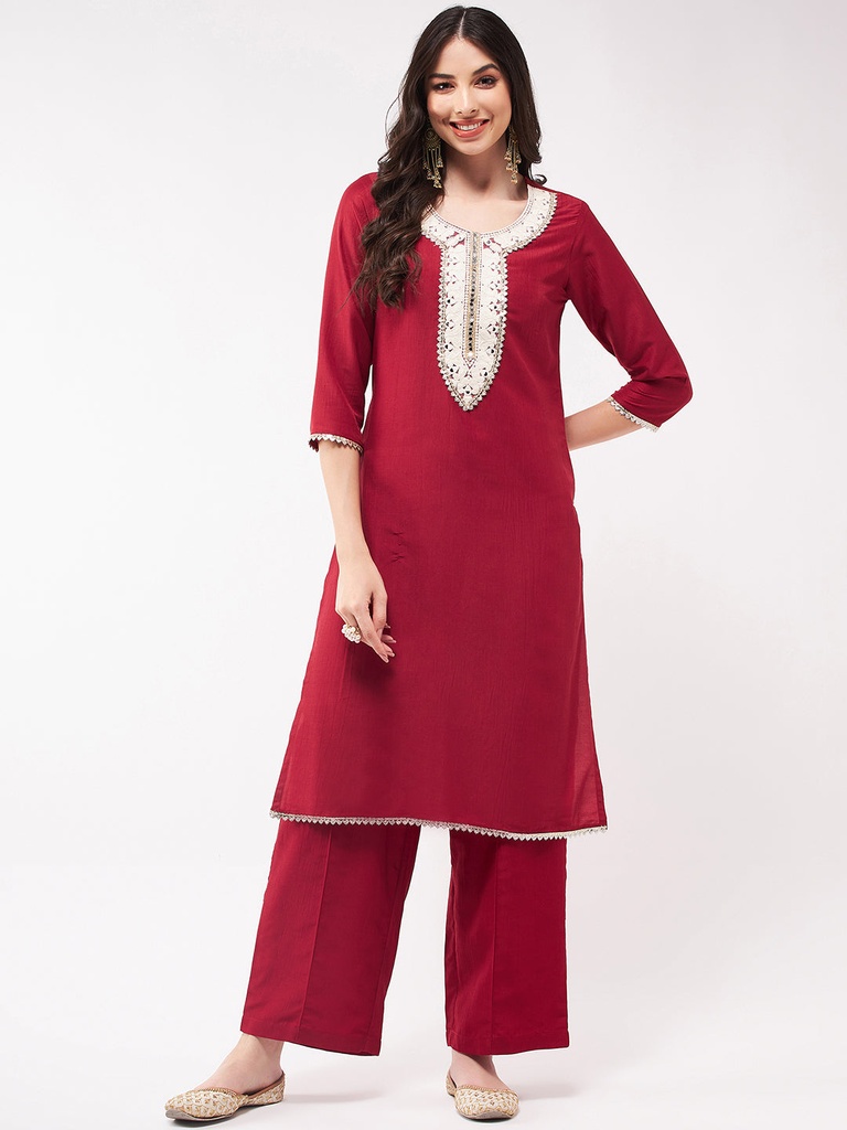 Embroidered Neck-Patch Panelled Festive Kurta With Laces