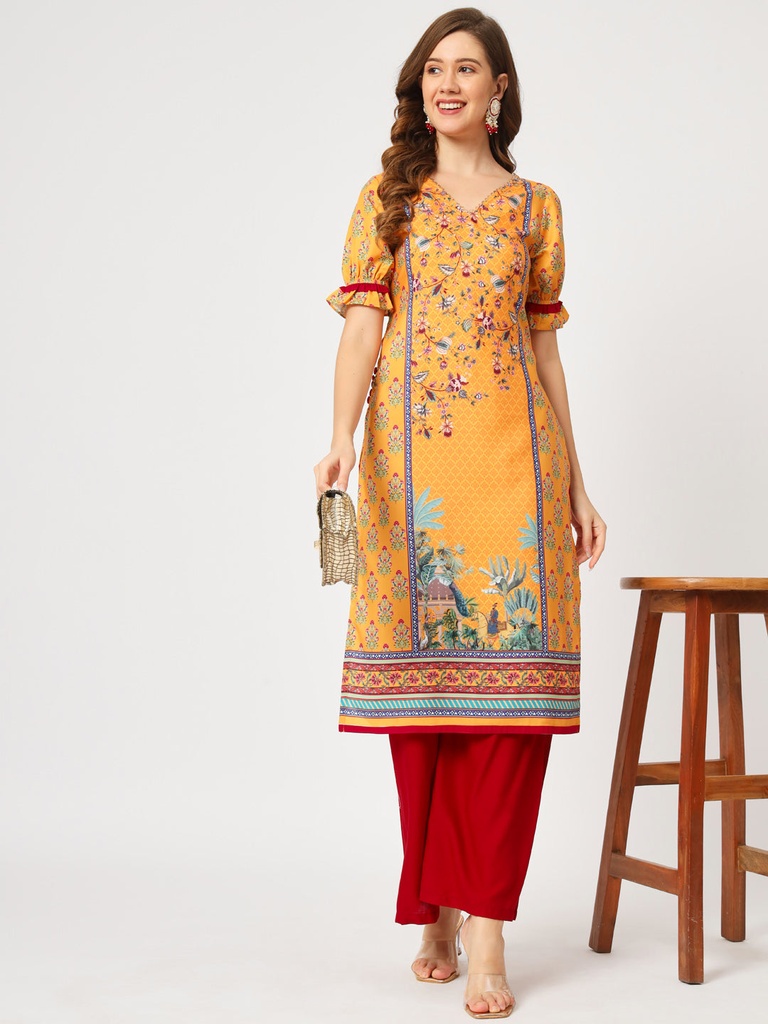Digital Print Laced V-Neck Wedding Kurta