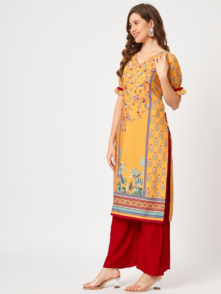 Digital Print Laced V-Neck Wedding Kurta