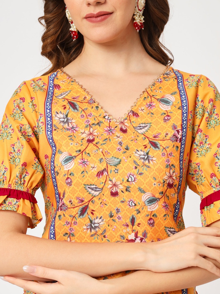 Digital Print Laced V-Neck Wedding Kurta