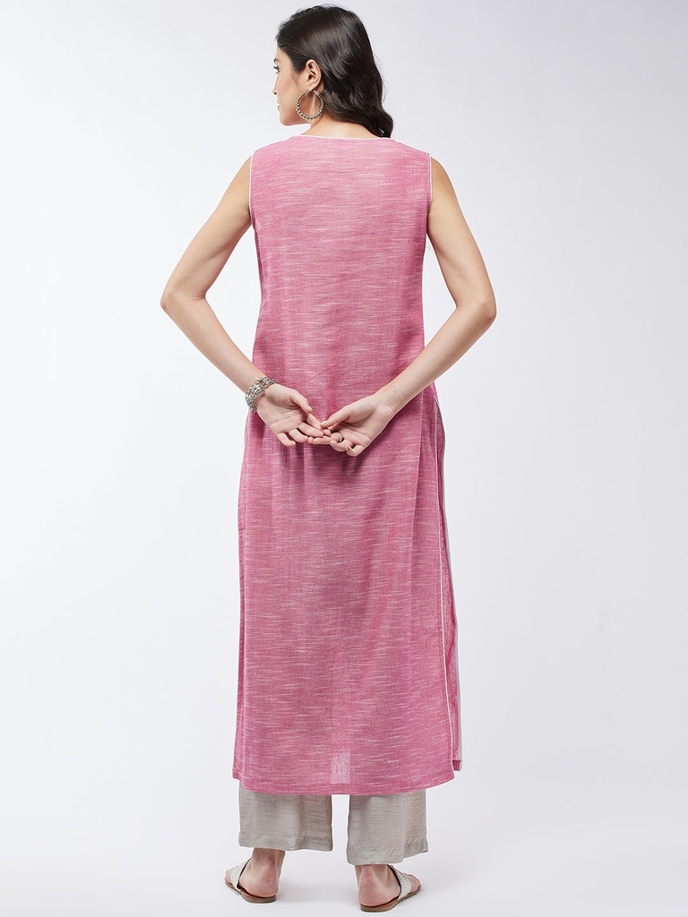 Chambray Sleeveless Embroidered Kurta