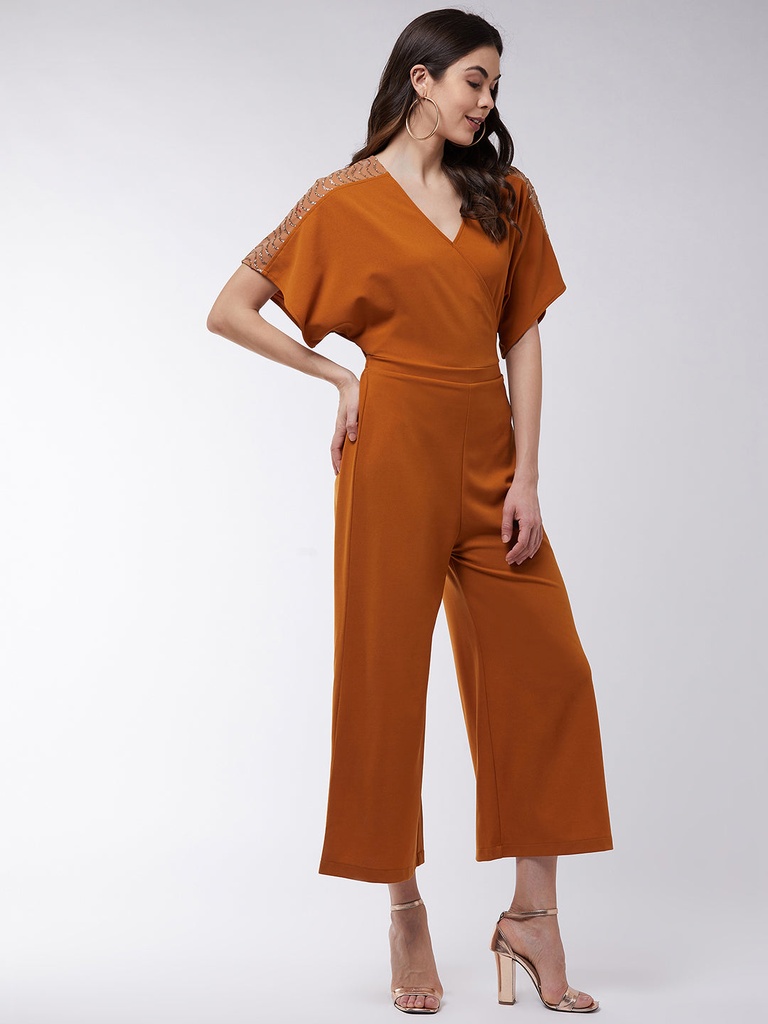 Embellished Solid Overlap Jumpsuit