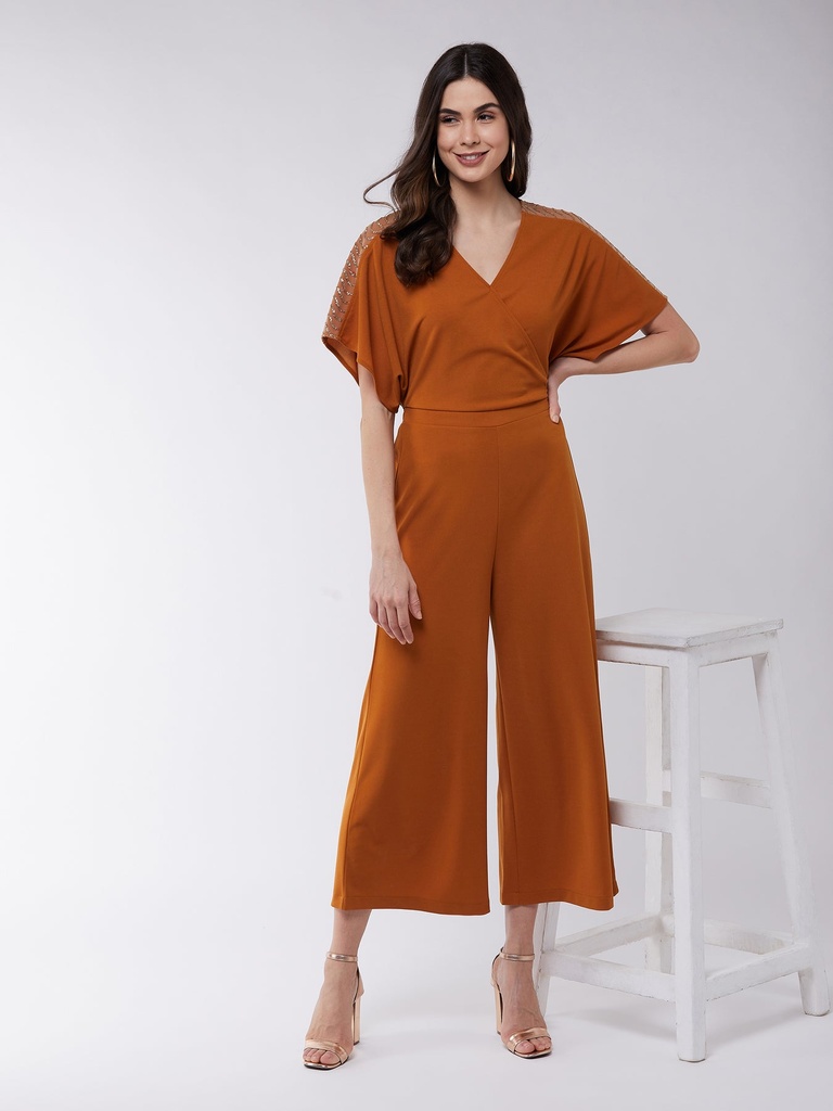 Embellished Solid Overlap Jumpsuit