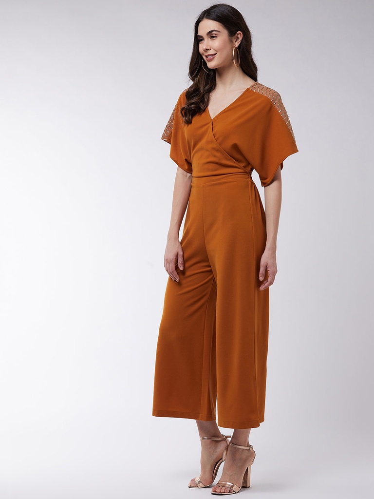 Embellished Solid Overlap Jumpsuit