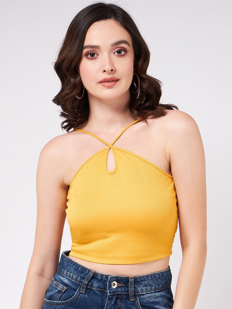 Neck Rib Halter Solid Crop Top