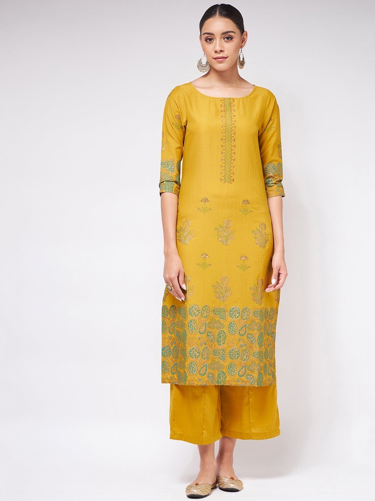 Mustard Block Printed Round Neck Straight fit Kurta