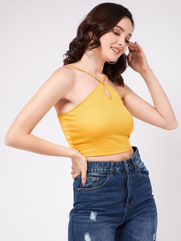 Neck Rib Halter Solid Crop Top