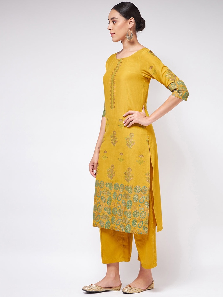 Mustard Block Printed Round Neck Straight fit Kurta