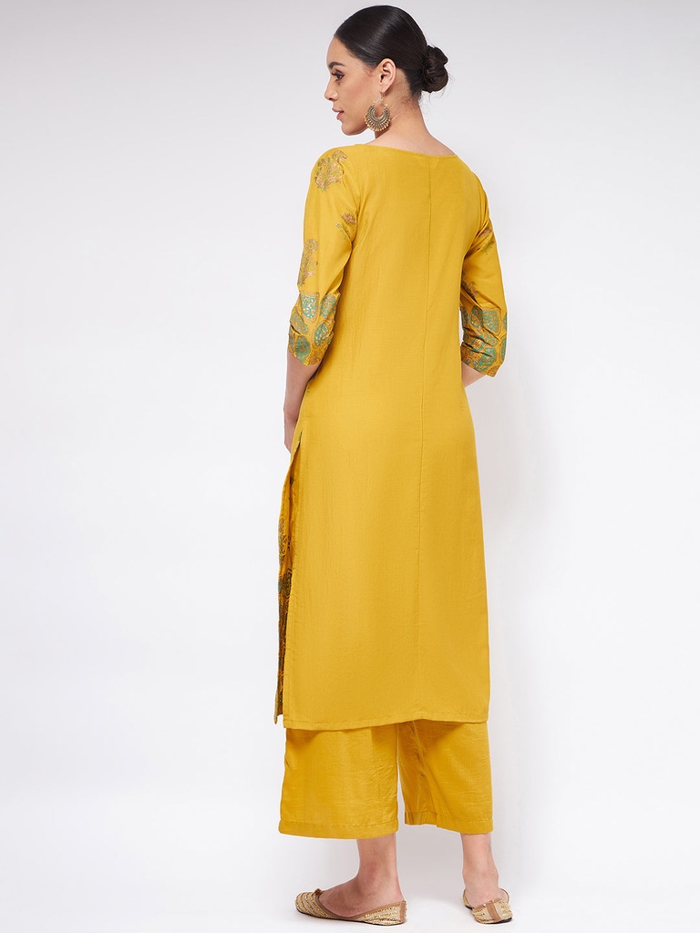 Mustard Block Printed Round Neck Straight fit Kurta