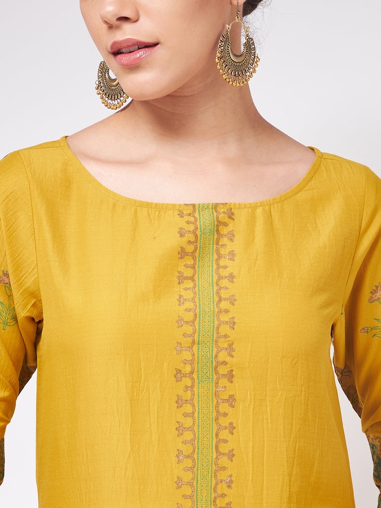 Mustard Block Printed Round Neck Straight fit Kurta