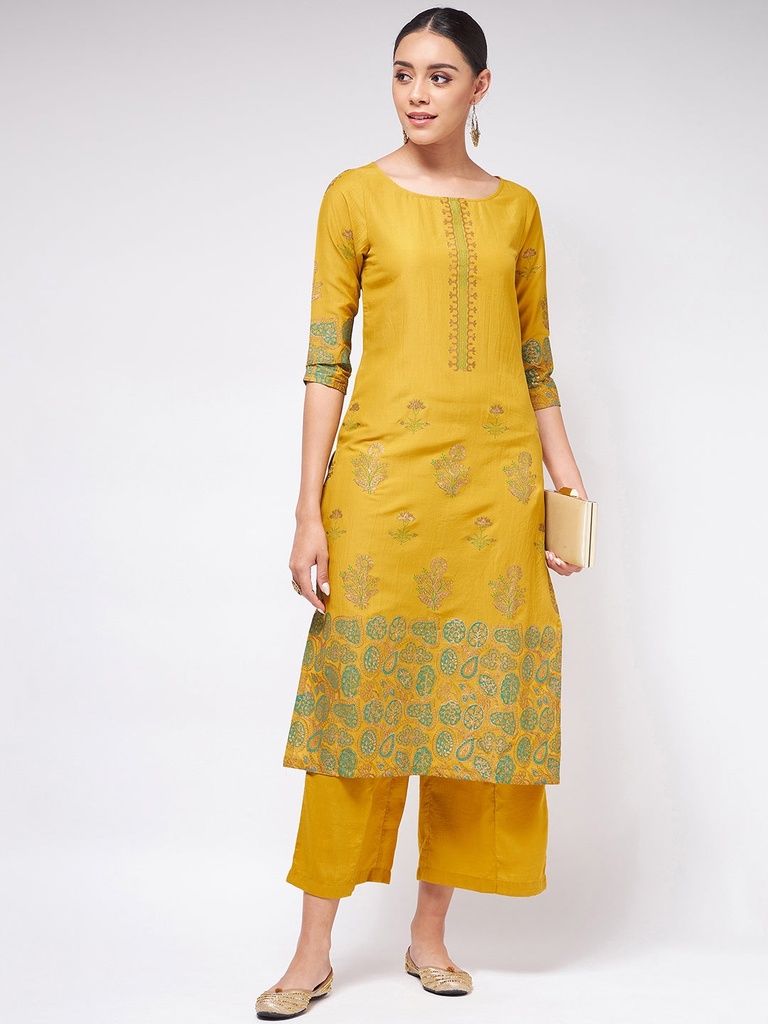 Mustard Block Printed Round Neck Straight fit Kurta