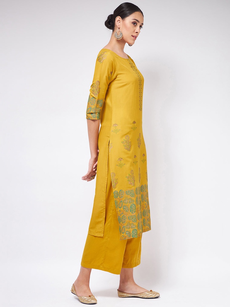 Mustard Block Printed Round Neck Straight fit Kurta