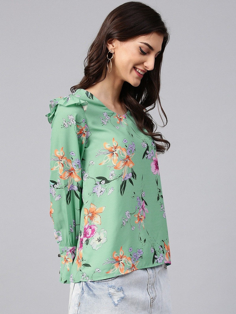 Green Floral Shoulder Ruffle Top