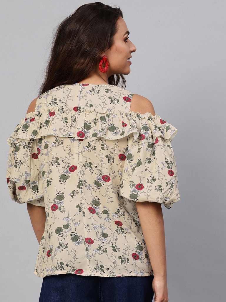 Floral Cold-Shoulder Voluminous Sleeves Top