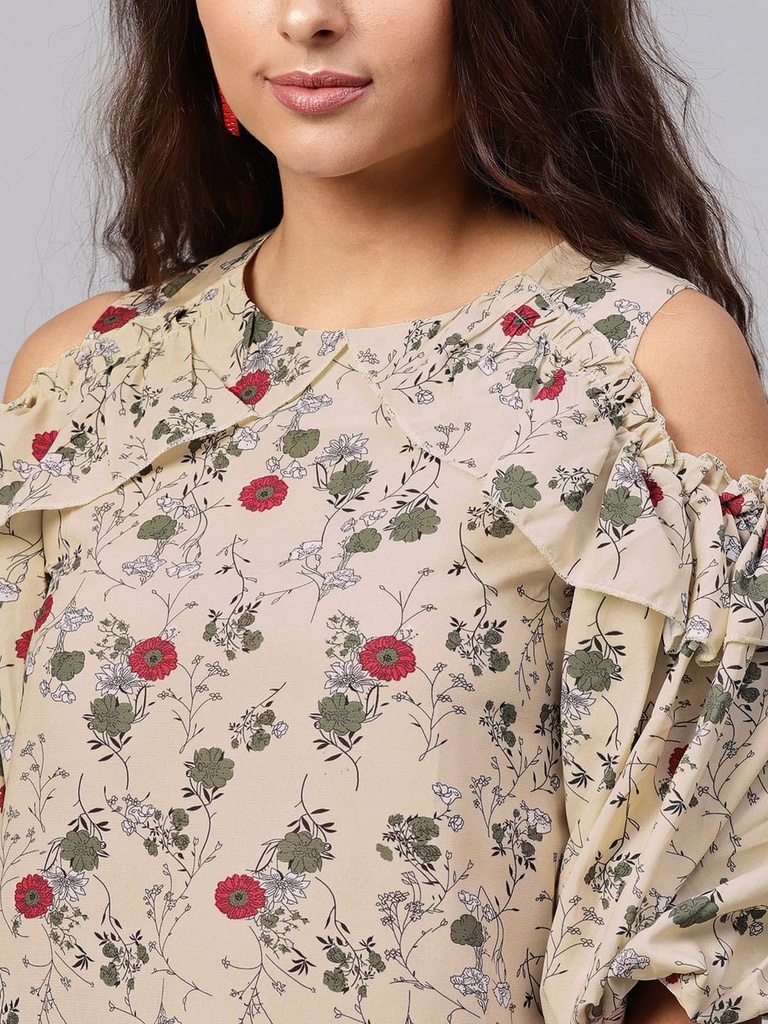 Floral Cold-Shoulder Voluminous Sleeves Top