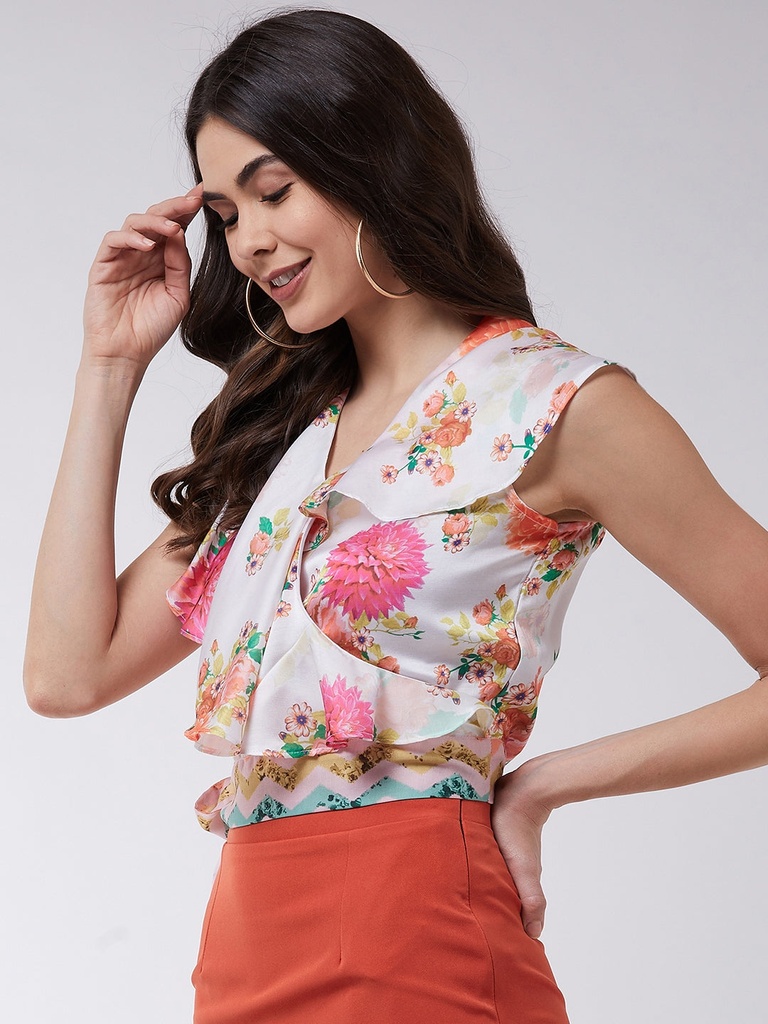 Digital Printed Sleeveless Ruffle Top