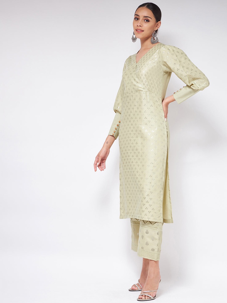 Stylish Cuff Pista Foil Printed Festive Kurta