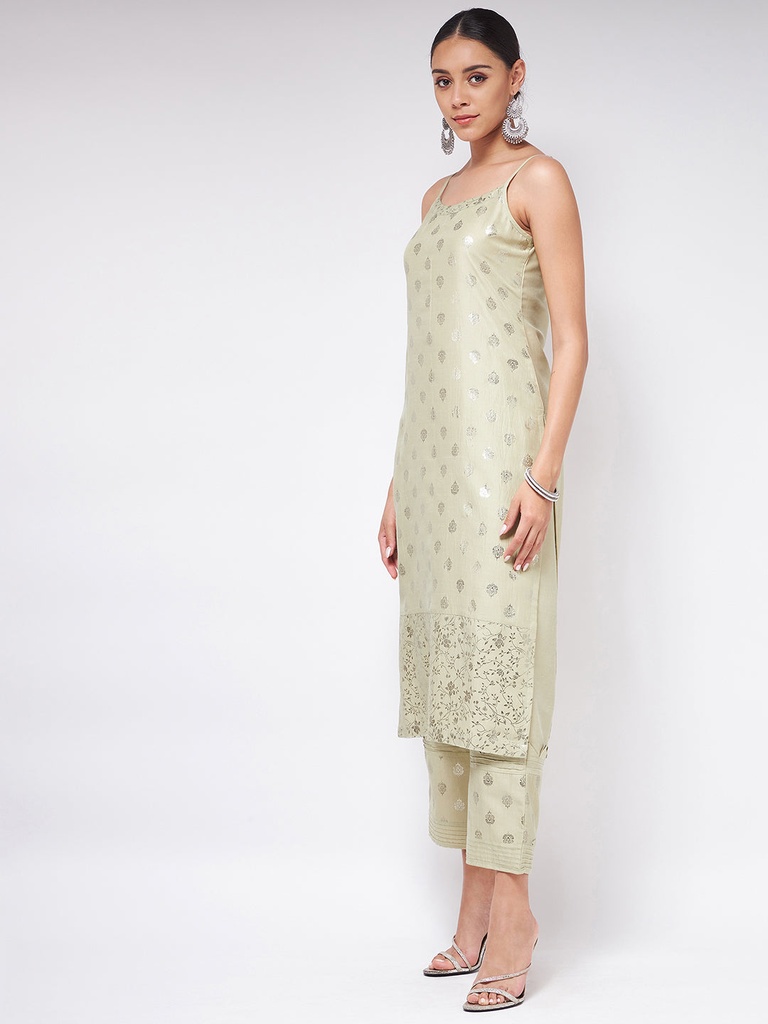 Sleeveless Strappy Kurta with Pista Foil Print