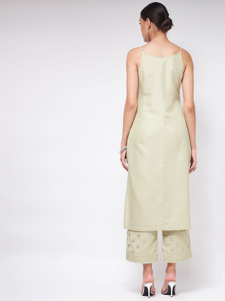 Sleeveless Strappy Kurta with Pista Foil Print