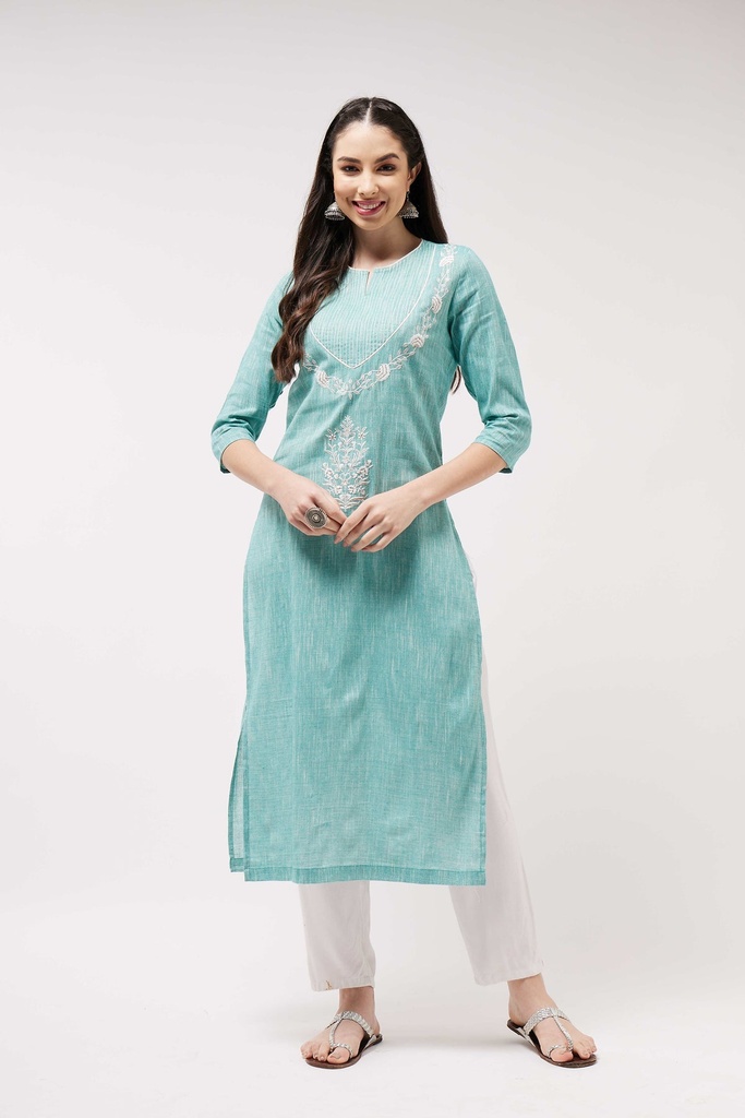 Chambray Quarter Sleeve Embroidered Kurta