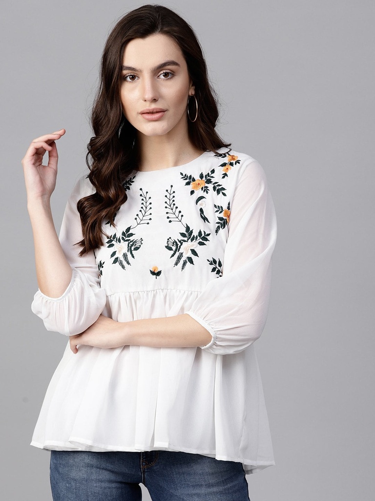 White Embroidered Floral Sheer Top