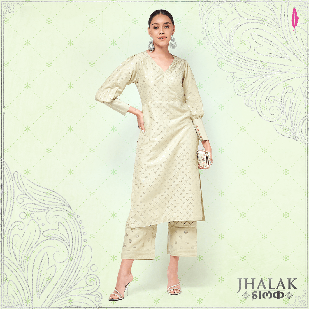 Stylish Cuff Pista Foil Printed Festive Kurta
