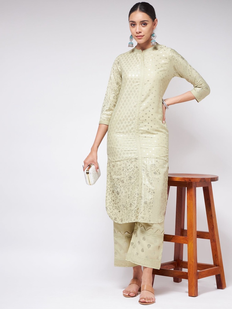 U-Hem Pista Festive Foil Printed Kurta