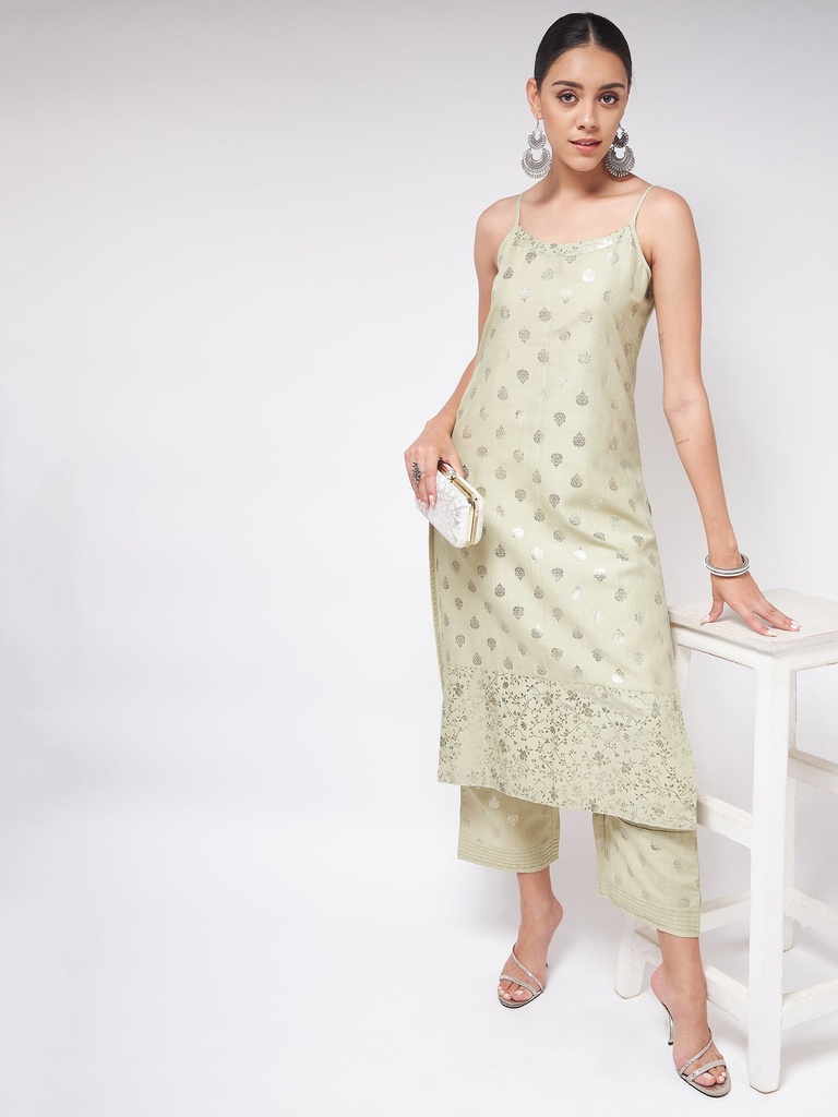 Sleeveless Strappy Kurta with Pista Foil Print
