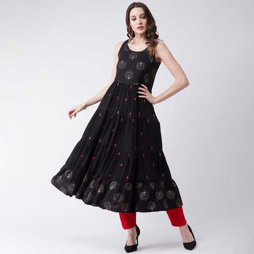 Printed and Embroidered Sleeveless Tiered Kurta