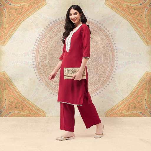 Embroidered Neck-Patch Panelled Festive Kurta With Laces