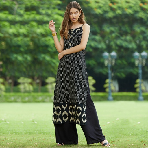 Sleeveless Black Printed Long Kurta