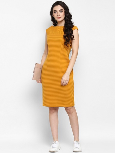 Self Striped Solid Dress With Cap Sleeves