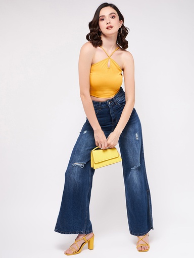 Neck Rib Halter Solid Crop Top