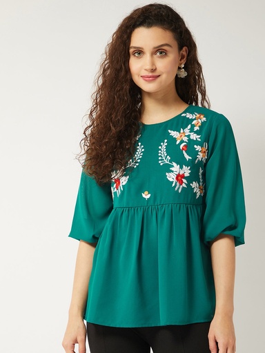 Embroidered Floral Printed Sheer Top
