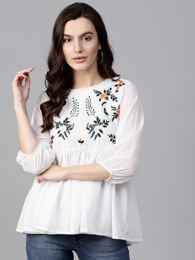 White Embroidered Floral Sheer Top