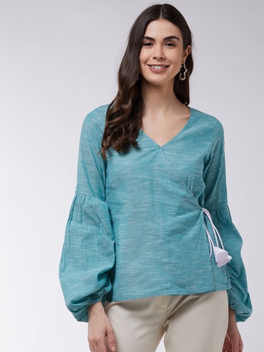 Extended Puff Sleeve Chambray Top