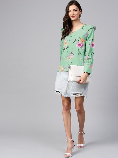 Green Floral Shoulder Ruffle Top
