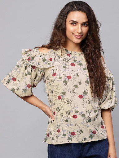 Floral Cold-Shoulder Voluminous Sleeves Top