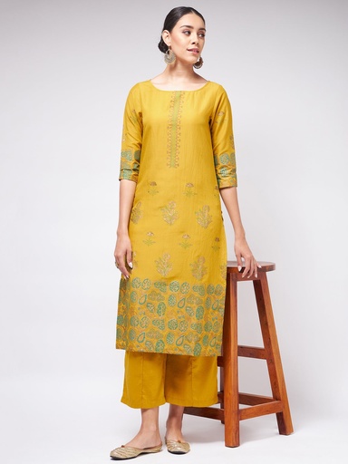 Mustard Block Printed Round Neck Straight fit Kurta