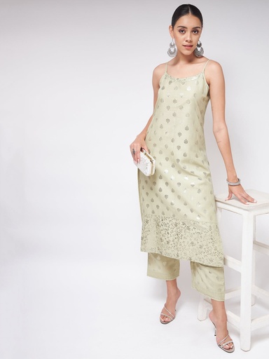 Sleeveless Strappy Kurta with Pista Foil Print